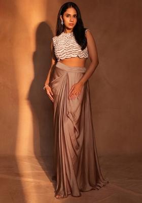Brown Satin Embroidered Handwork Fusion Set