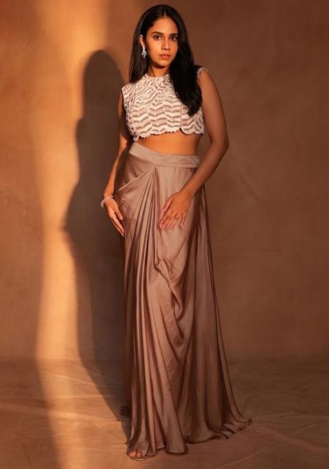 Brown Satin Embroidered Handwork Fusion Set