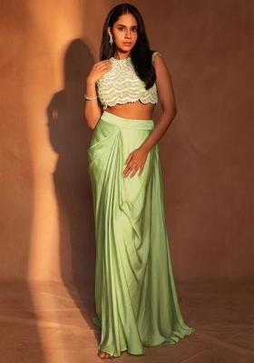 Green Satin Embroidered Handwork Fusion Set