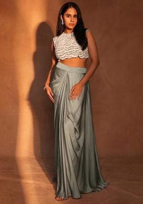 Grey Satin Embroidered Handwork Fusion Set