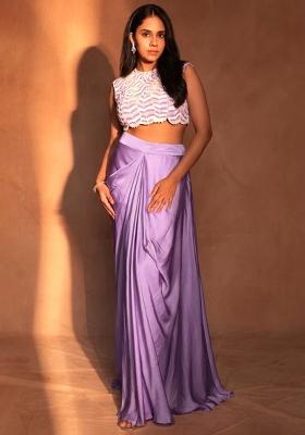 Lavender Satin Embroidered Handwork Fusion Set