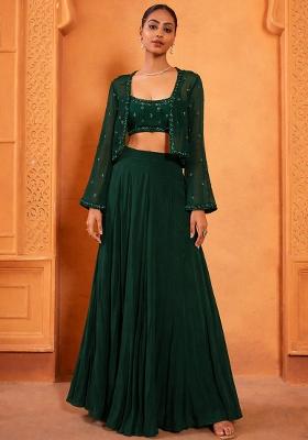 Bottle Green Chinon Embroidered Handwork Fusion Set