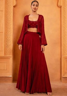 Blood Red Chinon Embroidered Handwork Fusion Set
