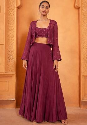 Berry Pink Chinon Embroidered Handwork Fusion Set