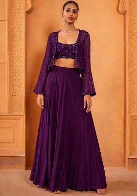 Royal Purple Chinon Embroidered Handwork Fusion Set