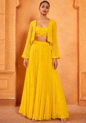 Bright Yellow Chinon Embroidered Handwork Fusion Set
