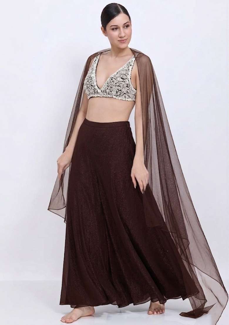 Brown Chinon Embellished Handwork Lehenga Set - Indya