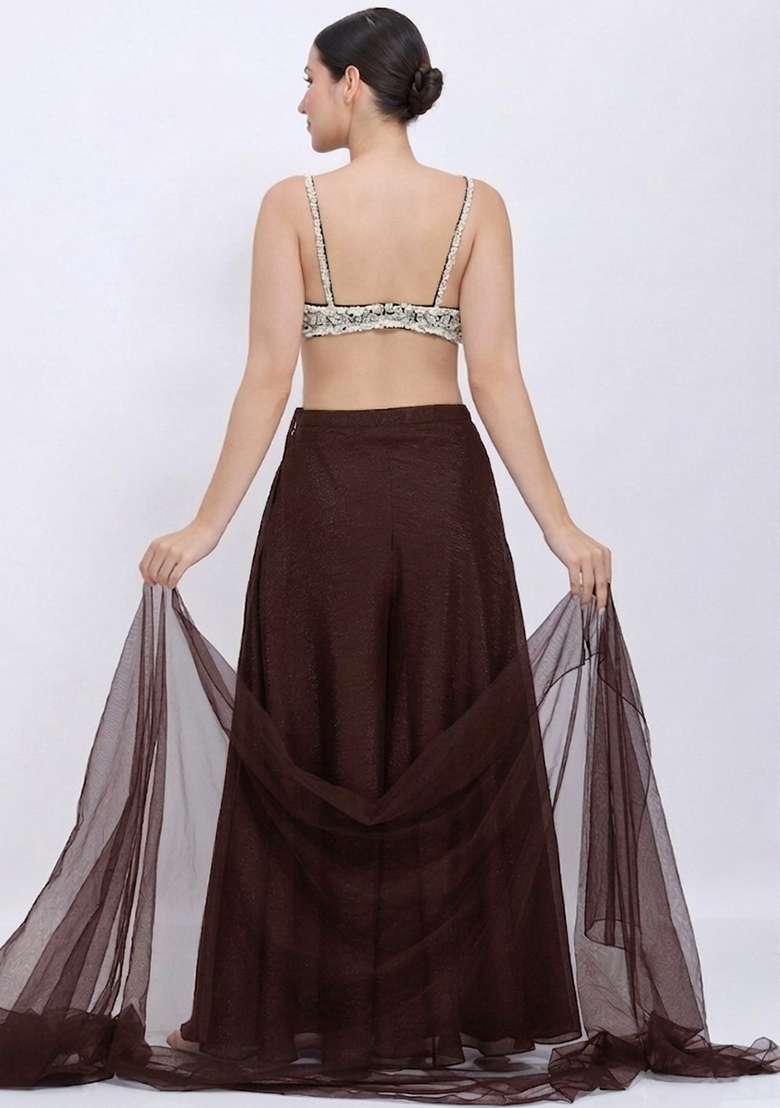Brown Chinon Embellished Handwork Lehenga Set - Indya