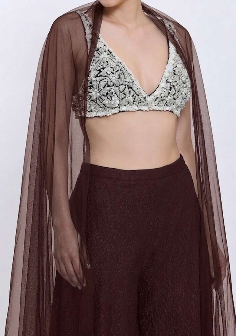 Brown Chinon Embellished Handwork Lehenga Set - Indya