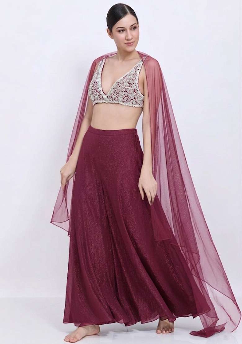 Blood Red Chinon Embellished Handwork Lehenga Set - Indya