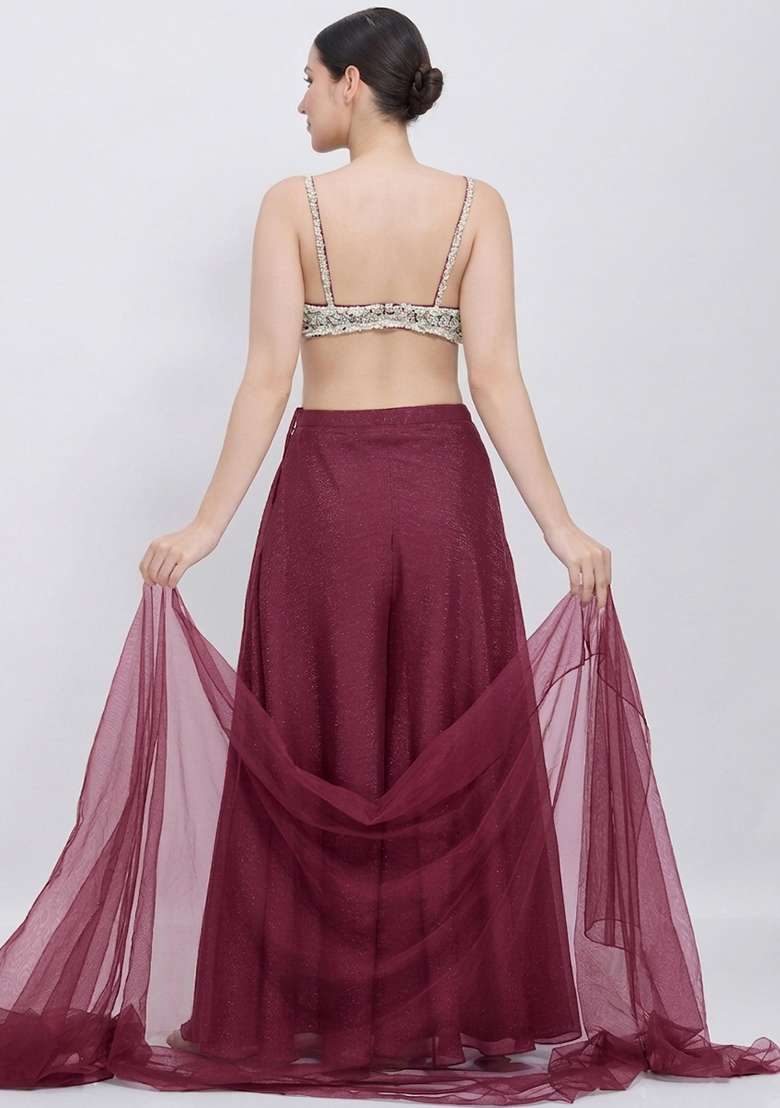 Blood Red Chinon Embellished Handwork Lehenga Set - Indya