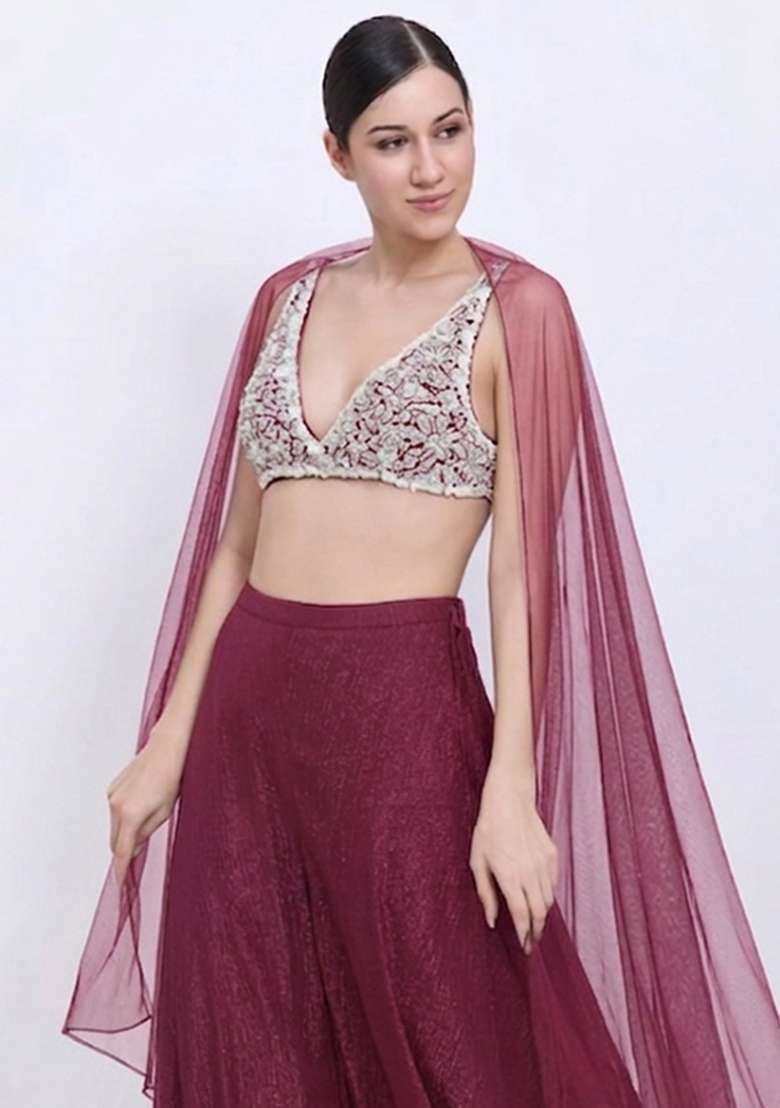 Blood Red Chinon Embellished Handwork Lehenga Set - Indya