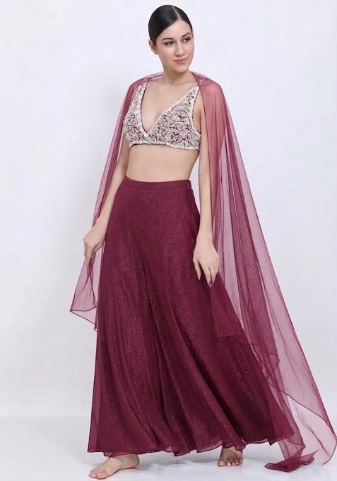 Blood Red Chinon Embellished Handwork Lehenga Set
