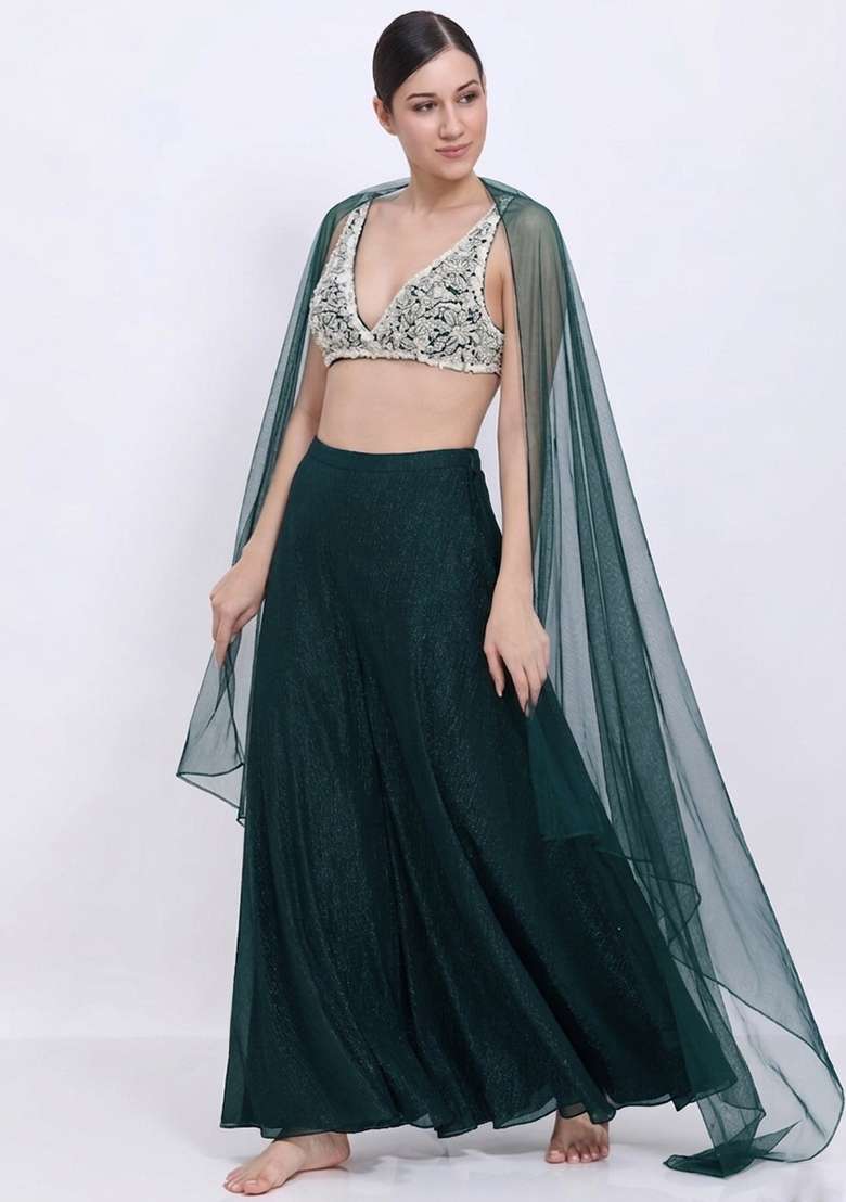 Deep Blue Chinon Embellished Handwork Lehenga Set - Indya