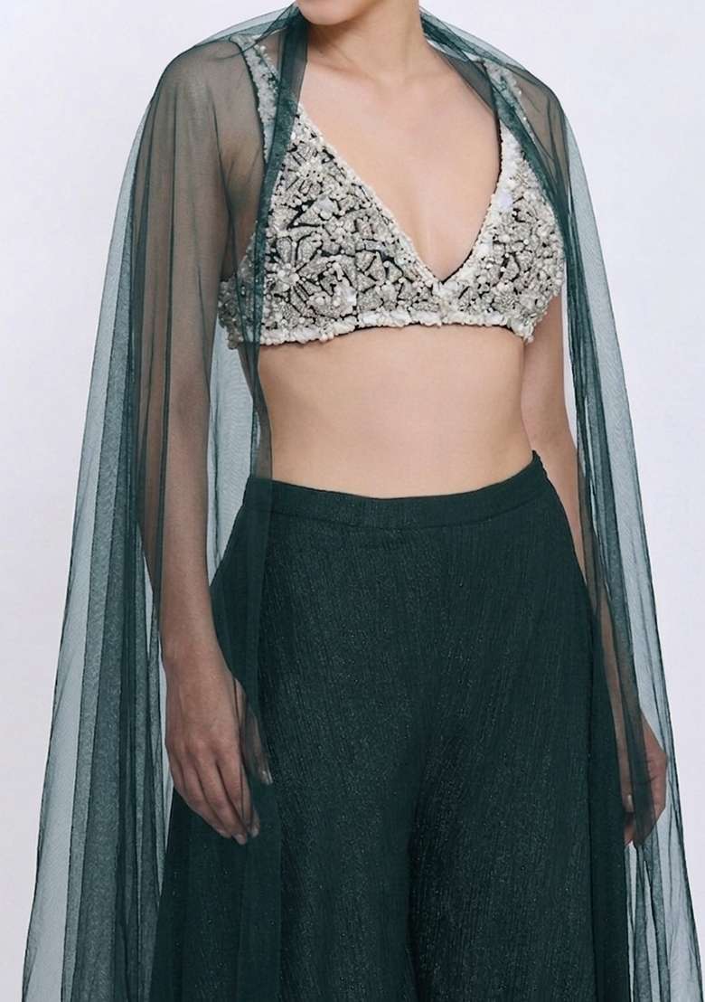 Deep Blue Chinon Embellished Handwork Lehenga Set - Indya