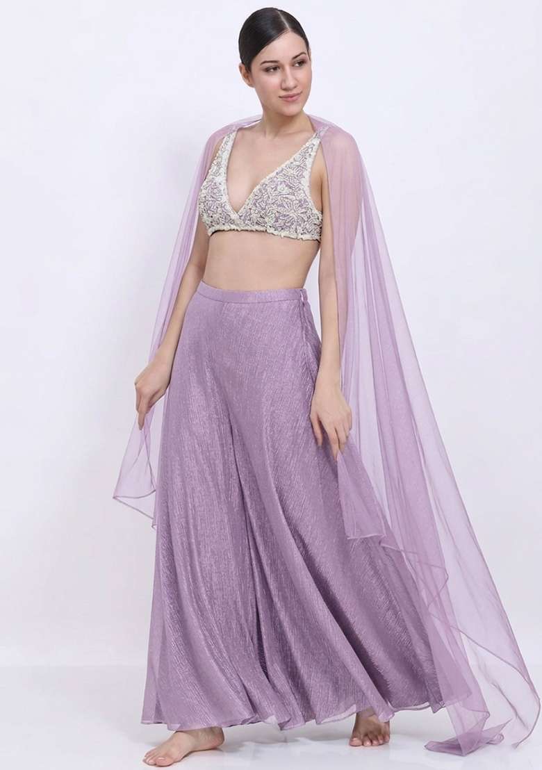 Pastel Lilac Chinon Embellished Handwork Lehenga Set - Indya