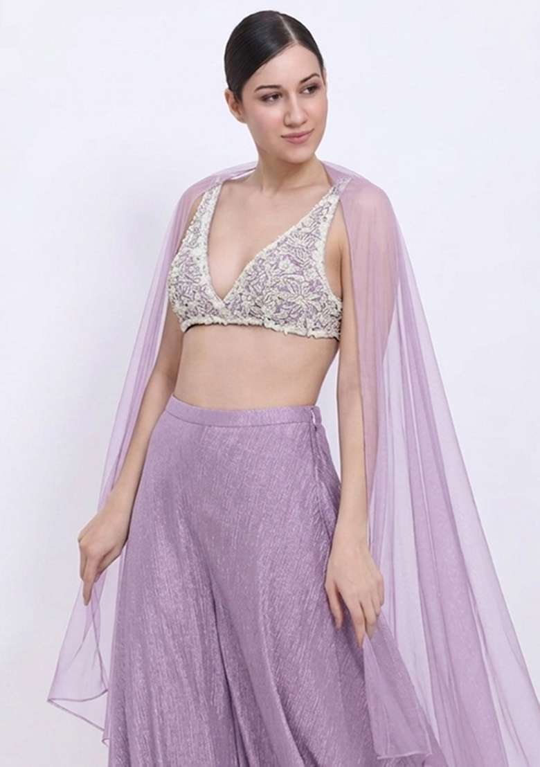 Pastel Lilac Chinon Embellished Handwork Lehenga Set - Indya