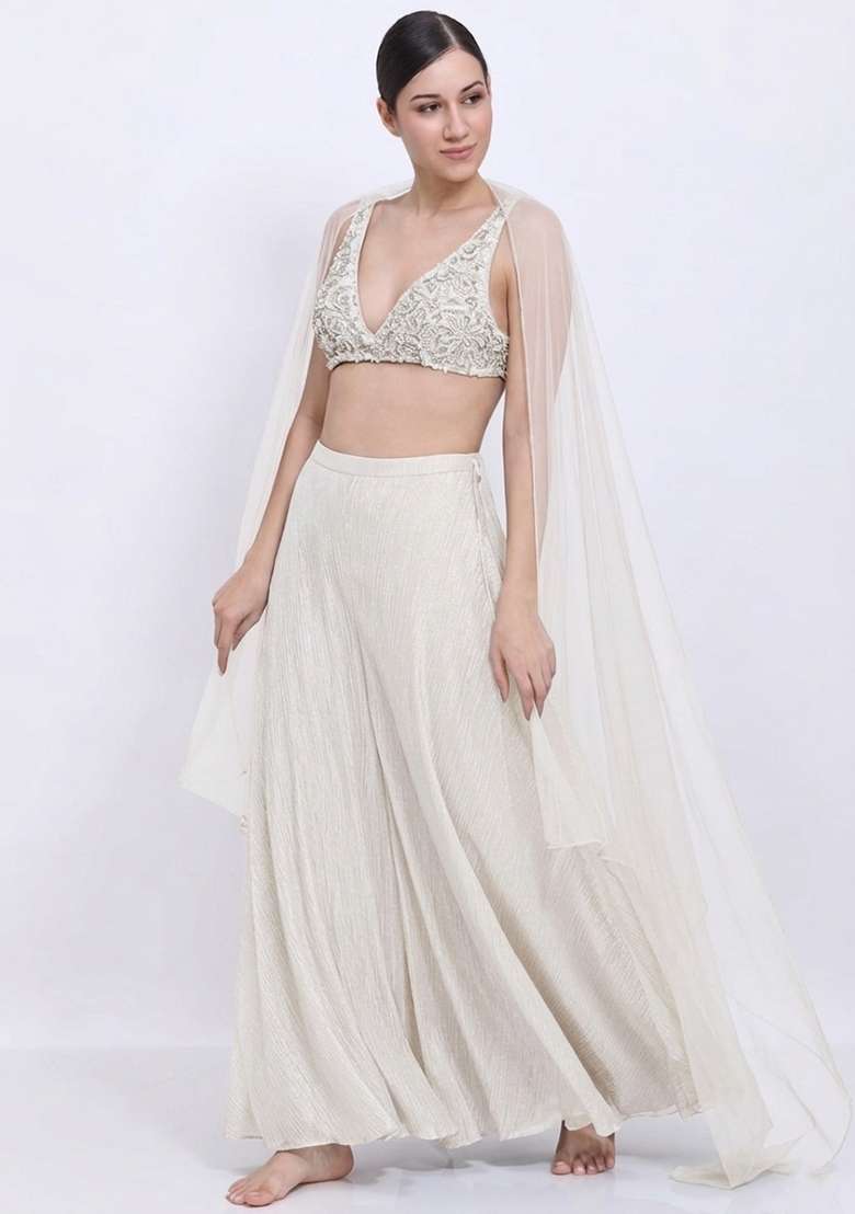Soft White Chinon Embellished Handwork Lehenga Set - Indya