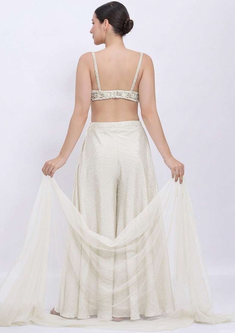 Soft White Chinon Embellished Handwork Lehenga Set - Indya
