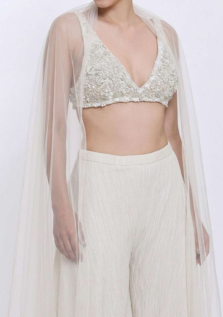 Soft White Chinon Embellished Handwork Lehenga Set - Indya