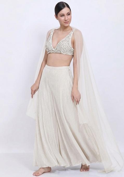 Soft White Chinon Embellished Handwork Lehenga Set