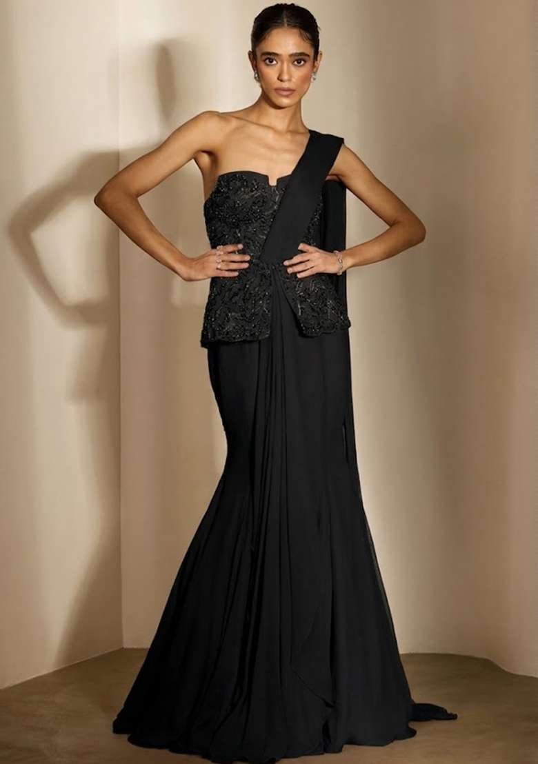 Black Crepe Embellished Handwork Fusion Set - Indya