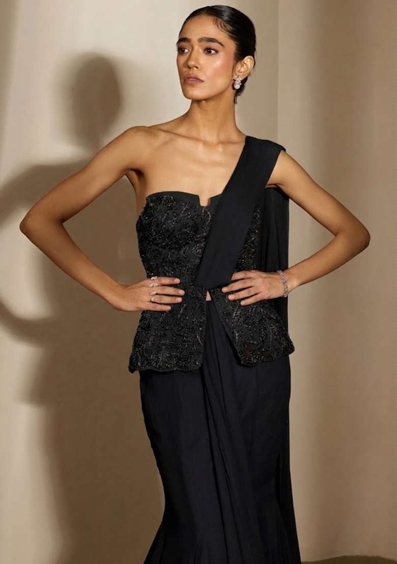 Black Crepe Embellished Handwork Fusion Set - Indya