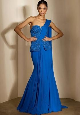 Blue Crepe Embellished Handwork Fusion Set