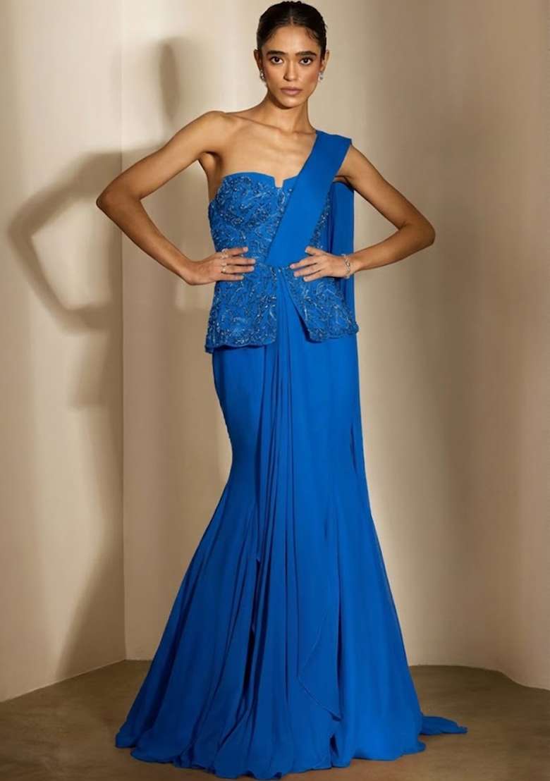 Blue Crepe Embellished Handwork Fusion Set - Indya