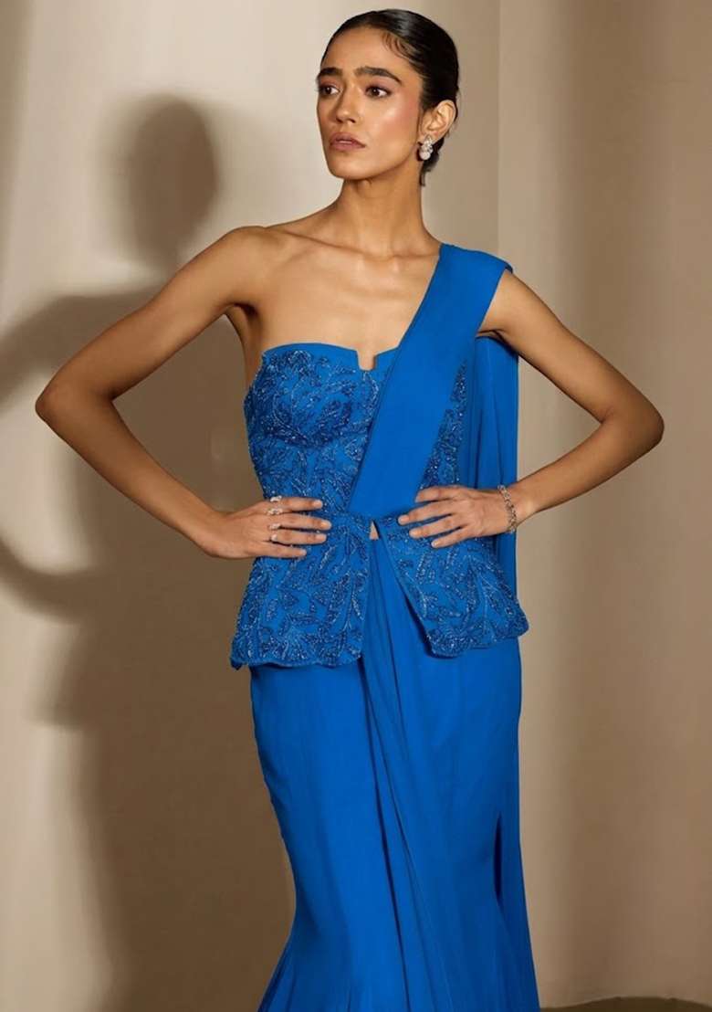 Blue Crepe Embellished Handwork Fusion Set - Indya