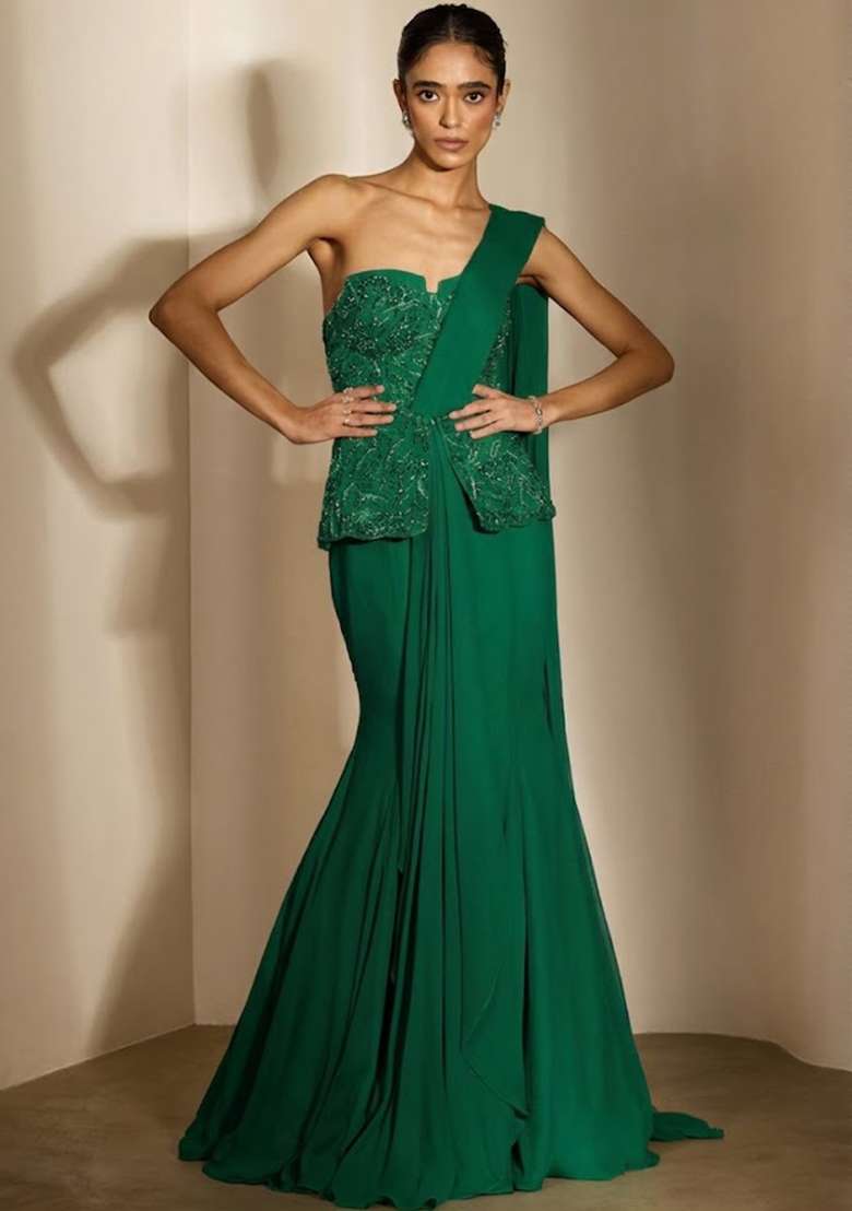 Teal Crepe Embellished Handwork Fusion Set - Indya
