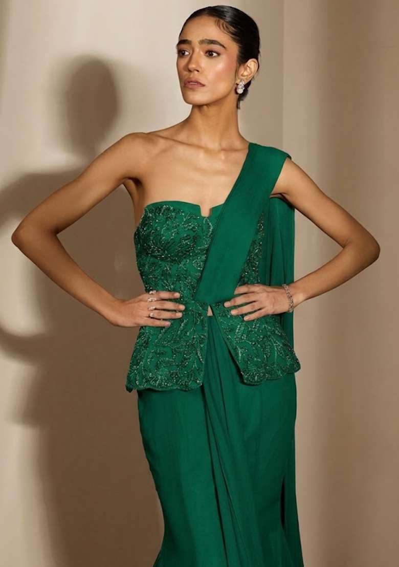 Teal Crepe Embellished Handwork Fusion Set - Indya
