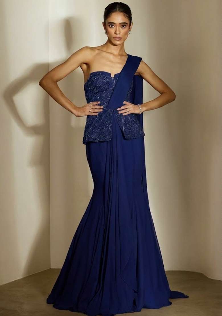 Violet Crepe Embellished Handwork Fusion Set - Indya