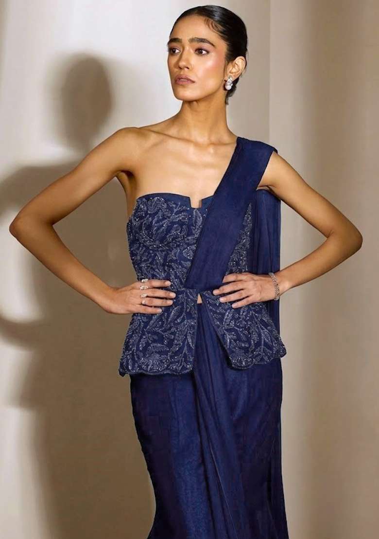 Violet Crepe Embellished Handwork Fusion Set - Indya