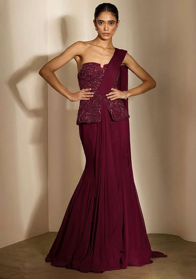 Wine Crepe Embellished Handwork Fusion Set - Indya