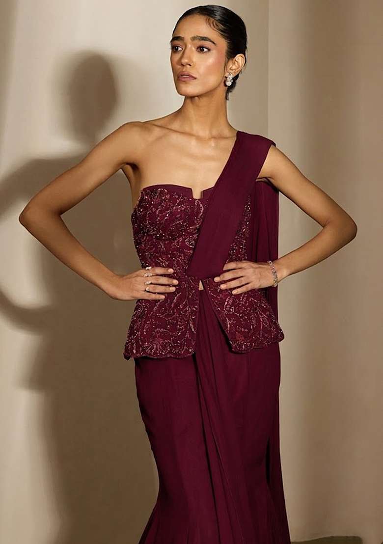 Wine Crepe Embellished Handwork Fusion Set - Indya
