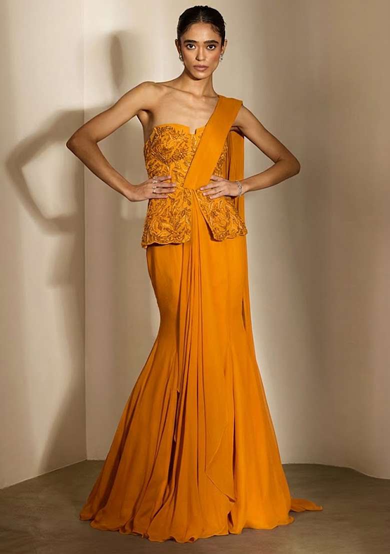 Yellow Crepe Embellished Handwork Fusion Set - Indya