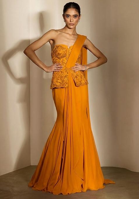 Yellow Crepe Embellished Handwork Fusion Set