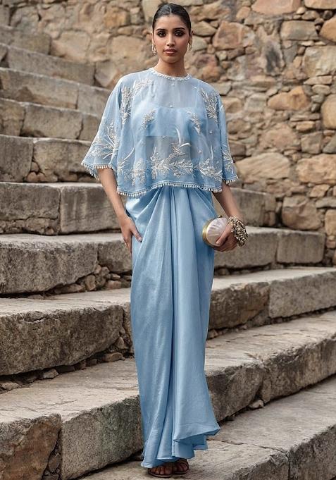 Powder Blue Crepe Embroidered Handwork Fusion Set