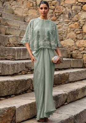 Grey Crepe Embroidered Handwork Fusion Set