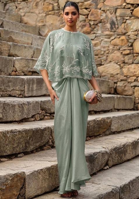 Grey Crepe Embroidered Handwork Fusion Set