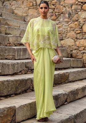 Lime Green Crepe Embroidered Handwork Fusion Set