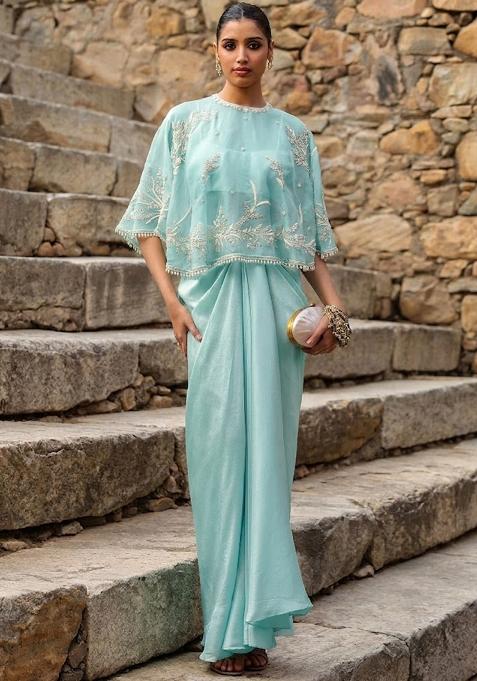Mint Green Crepe Embroidered Handwork Fusion Set