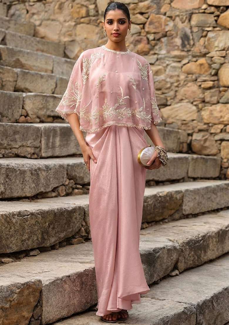 Pink Crepe Embroidered Handwork Fusion Set - Indya