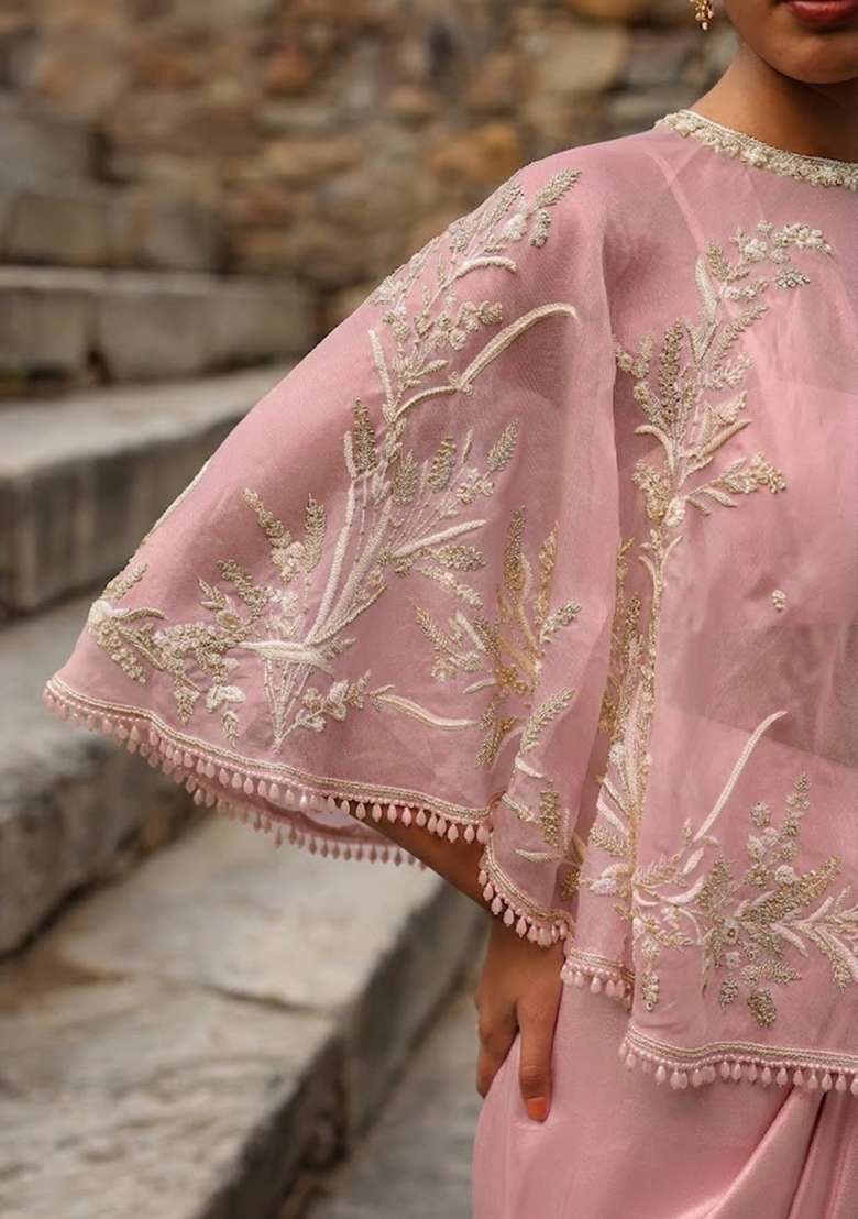 Pink Crepe Embroidered Handwork Fusion Set - Indya