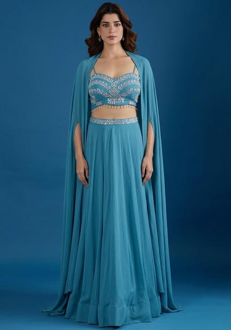 Teal Blue Chinon Embroidered Handwork Lehenga Set