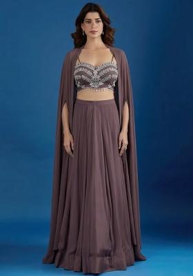Chocolate Brown Chinon Embroidered Handwork Lehenga Set