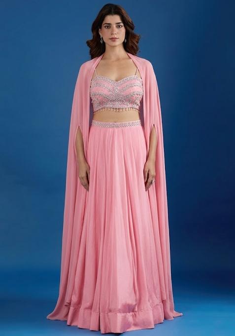 Pink Chinon Embroidered Handwork Lehenga Set — view on Indya