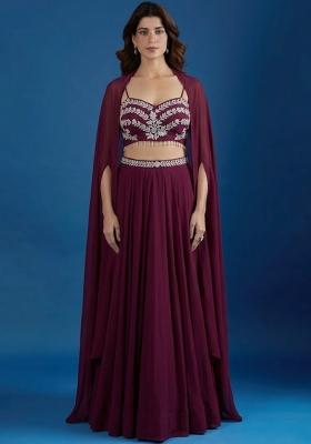 Deep Purple Chinon Embroidered Handwork Lehenga Set