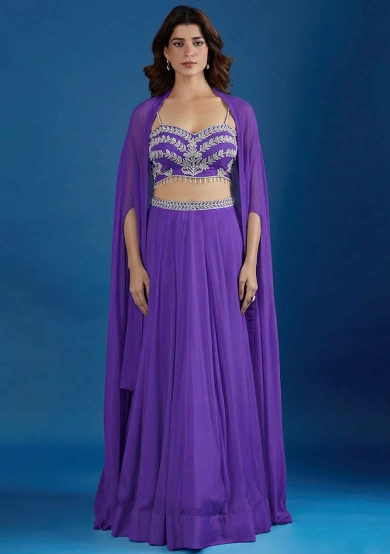 Purple Chinon Embroidered Handwork Lehenga Set - Indya